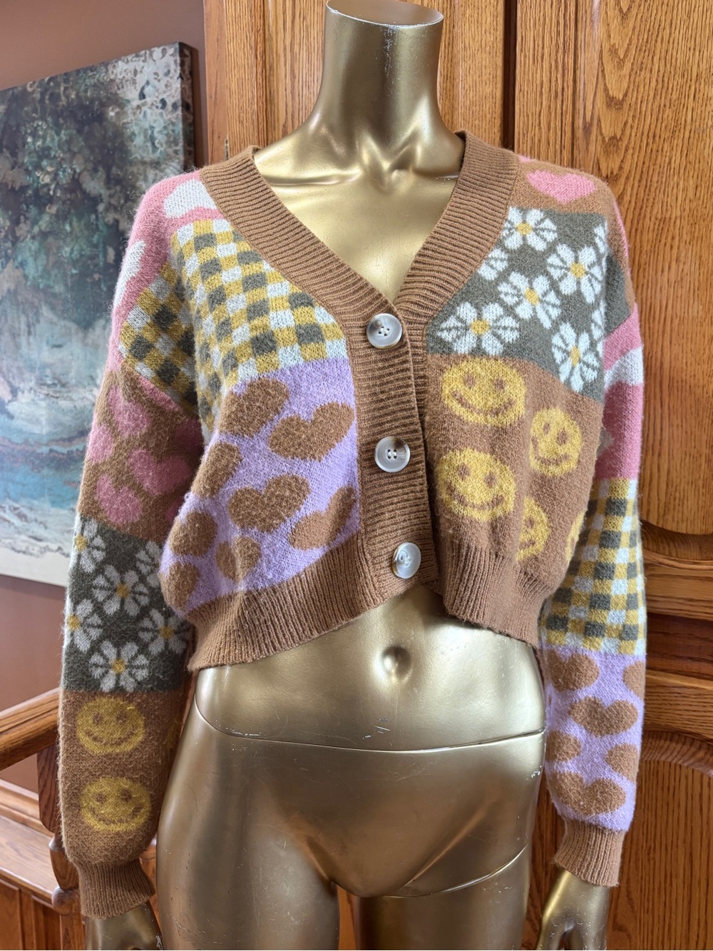 Cropped Brown Patterned Cardigan with Pink, Lavender & Yellow Motifs